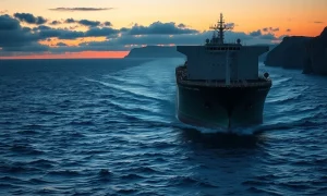 Oil tanker navigating strategic maritime chokepoint representing global shipping risks and supply security.
