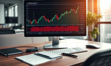 Financial analyst reviewing Olin Corp. stock chart on a computer monitor.