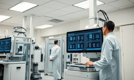 Automated pharmacy robotics system in a hospital setting representing Omnicell technology.
