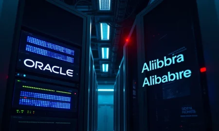 Oracle and Alibaba cloud AI infrastructure comparison showing server racks in data center.