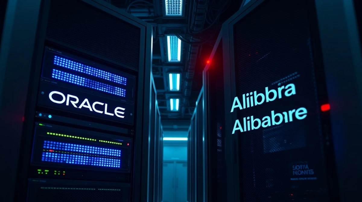 Oracle and Alibaba cloud AI infrastructure comparison showing server racks in data center.