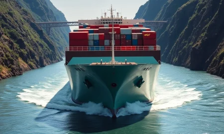 Container ship transiting the Panama Canal during Strait of Hormuz shipping crisis