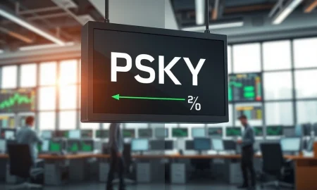 Stock ticker display showing Paramount Skydance PSKY symbol and 2% yield mark in a financial newsroom.