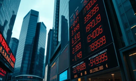 A digital display shows the Chinese yuan exchange rate in a financial district.
