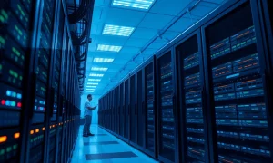 Secure government data center server room with AI technology infrastructure.