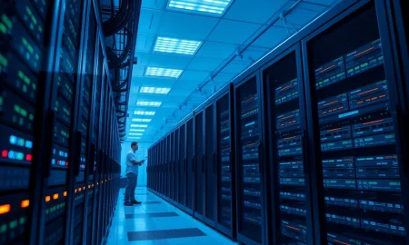Secure government data center server room with AI technology infrastructure.