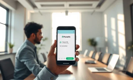 Smartphone displaying PhonePe app interface on a desk in a Bengaluru office.