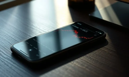 Smartphone showing a declining Pi Coin price chart on a wooden desk.