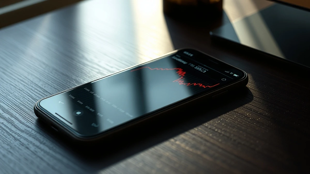 Smartphone showing a declining Pi Coin price chart on a wooden desk.