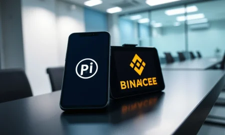 Smartphone showing Pi Network app and Binance logo on a desk, representing a potential crypto exchange listing.