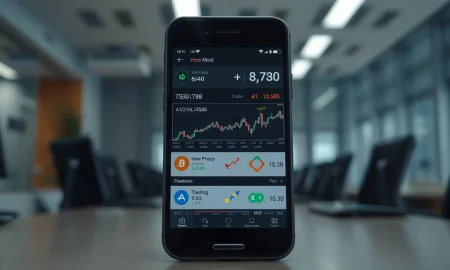 Cryptocurrency price chart analysis on a smartphone screen with exchange logos.