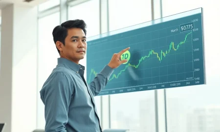 Financial analyst reviews Pi Network cryptocurrency chart showing a $0.75 price target for Pi Day.