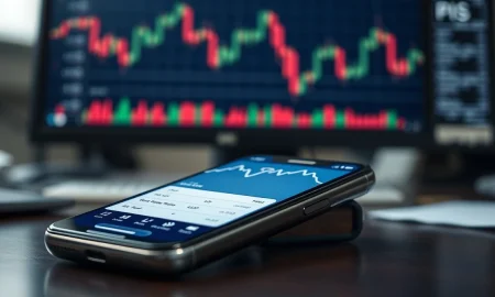 Smartphone showing Pi Network app with a declining price chart overlay on a desk.