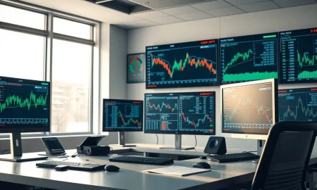 Financial trading desk with monitors showing stock charts and data.