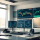 Financial trading desk with monitors showing stock charts and data.
