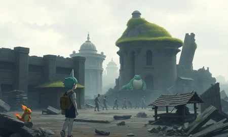 Pokémon Pokopia game scene showing Ditto trainer and Charmander in restored post-apocalyptic habitat