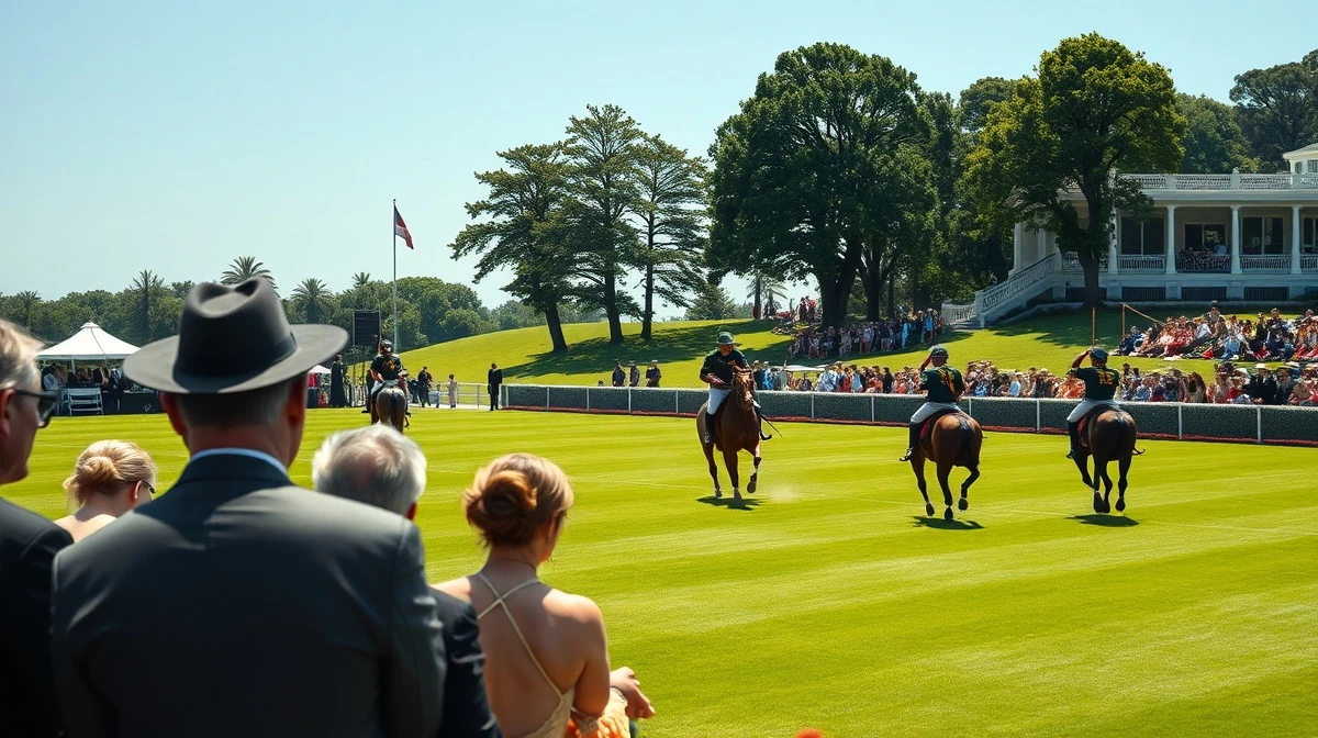 A polo match at an exclusive club, representing the social circle of the accused couple.