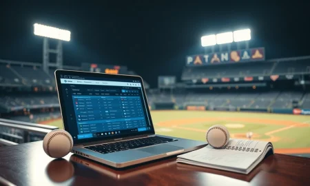 A laptop showing a prediction market next to a baseball and scorebook in a stadium press box.