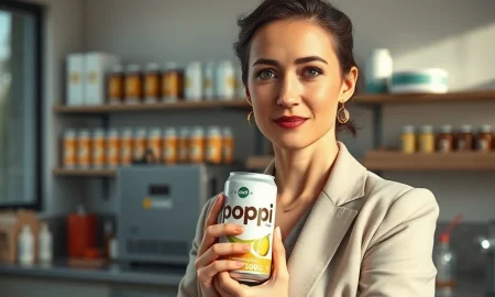 Poppi founder Allison Ellison holding a can of prebiotic soda in a beverage lab, discussing the brand's $1.95 billion acquisition.