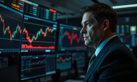 A trader monitors falling GBP/USD currency charts on a financial trading floor.