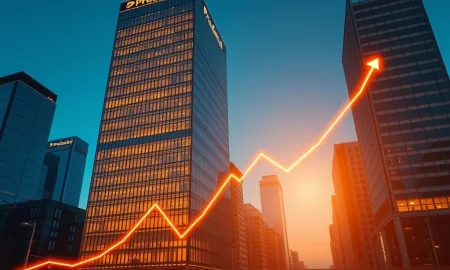 Prudential Financial headquarters with a graph symbolizing the rising 6% dividend yield for investors.
