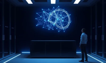 QuTwo AI orchestration layer transitioning classical to quantum computing nodes in a data center visualization.