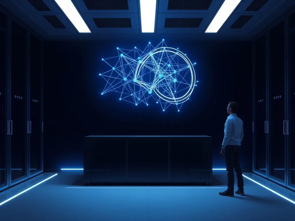 QuTwo AI orchestration layer transitioning classical to quantum computing nodes in a data center visualization.