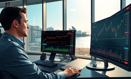 Trader analyzing RBA rate hike risk on financial charts at Sydney trading desk