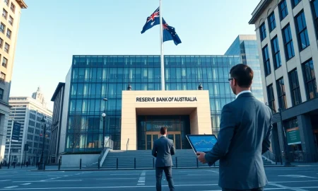 Reserve Bank of Australia headquarters with forex trader analyzing AUD recovery prospects based on OCBC charts and RBA signals