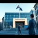 Reserve Bank of Australia headquarters with forex trader analyzing AUD recovery prospects based on OCBC charts and RBA signals