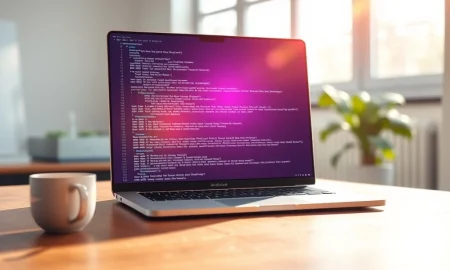Replit's vibe-coding platform interface glowing on a laptop screen, representing its $9 billion valuation milestone.