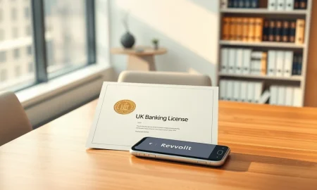 Official UK banking licence document next to a Revolut app phone, symbolizing Revolut's regulatory approval.