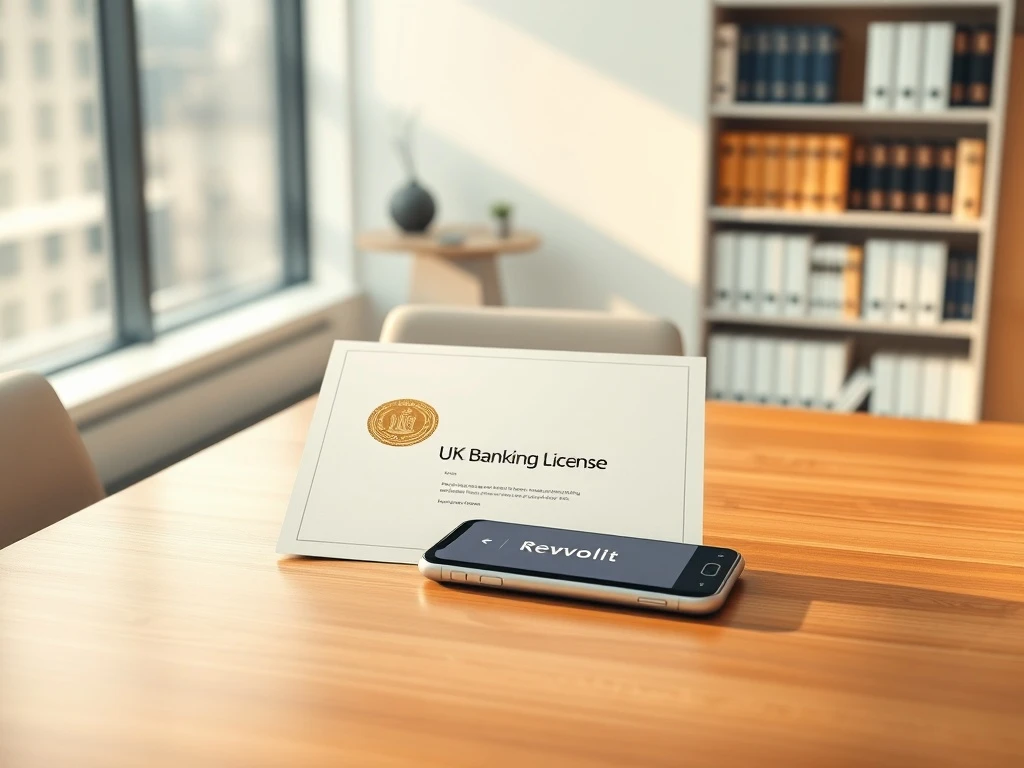 Official UK banking licence document next to a Revolut app phone, symbolizing Revolut's regulatory approval.