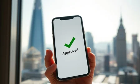 Revolut UK banking licence approval symbolized by a smartphone with an approved checkmark over London's financial district.