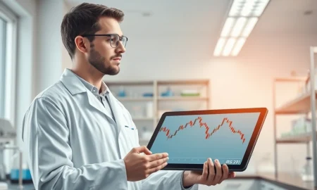 Analyst examines Revvity RVTY stock chart showing oversold RSI reading in biotechnology lab setting