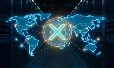 XRP token as central hub in a global blockchain finance network, illustrating its role as connective glue.