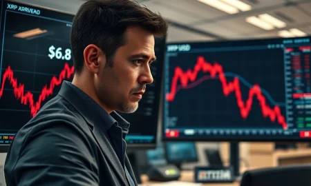 Analyst reviews XRP price chart showing critical $6.8 capitulation level amid $50 billion losses.