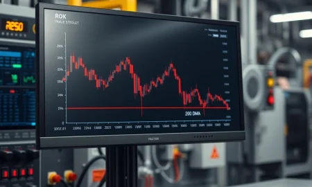 Rockwell Automation ROK stock chart breaking below the 200-day moving average technical indicator.