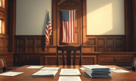 Courtroom scene representing the denial of Sam Bankman-Fried's new trial motion in the FTX fraud case.