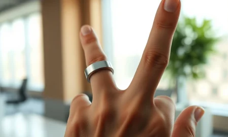 Sandbar Stream AI note-taking ring worn on a hand, demonstrating its use for voice-activated notes.