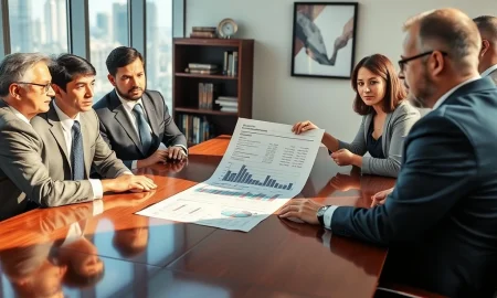 Shareholders scrutinizing private equity compensation documents in boardroom meeting challenging founder rewards