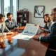 Shareholders scrutinizing private equity compensation documents in boardroom meeting challenging founder rewards