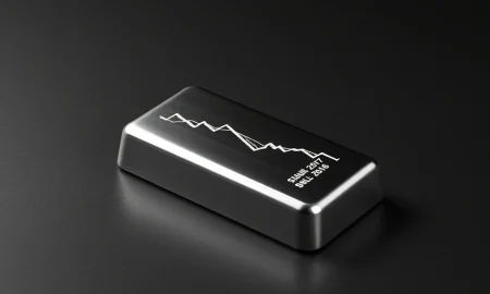 Silver price today falls as reflected on a silver bullion bar with market chart.