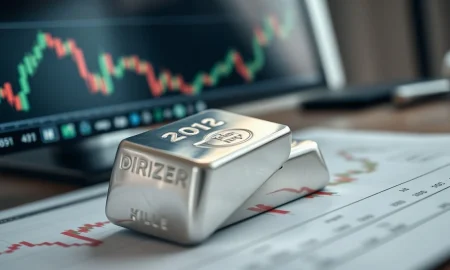 Silver bullion bar on a financial chart as prices hold below $80 per ounce.