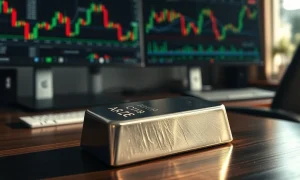 Silver price forecast analysis with silver bullion on trading desk showing market uncertainty.