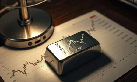 Silver bullion bar on a financial chart showing a price surge to $68.20.