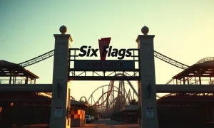 Six Flags amusement park entrance as the company sells seven parks in a $330 million deal.