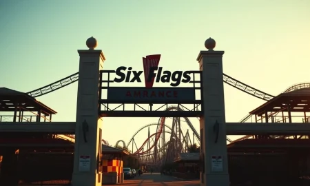 Six Flags amusement park entrance as the company sells seven parks in a $330 million deal.