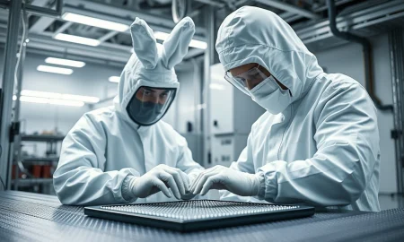 SK Hynix semiconductor wafer in a cleanroom setting for AI memory production.