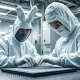 SK Hynix semiconductor wafer in a cleanroom setting for AI memory production.